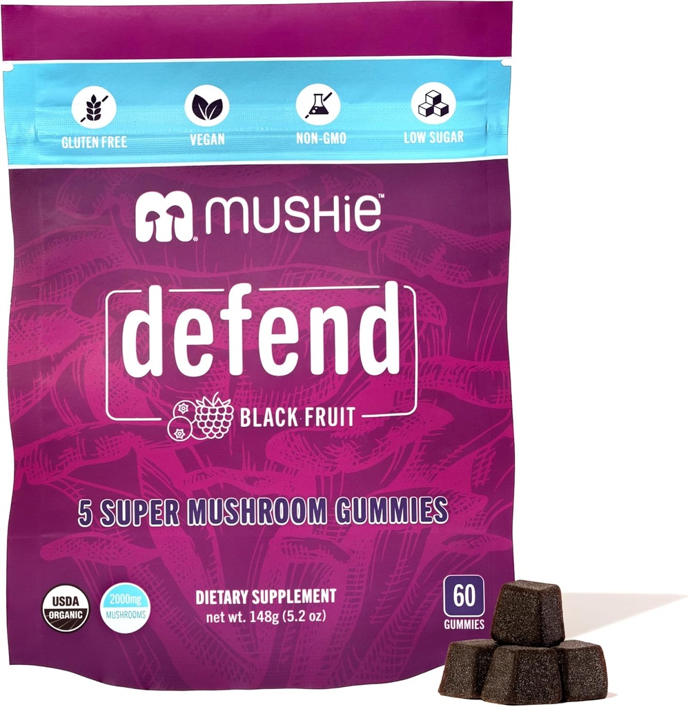 Mushie 100% Organic 5 Super Mushroom Complex Gummies - 2000mg Reishi, Turquía Tail, Maitake, Chaga & Shiitake Blend - Gut Health &amp; Immune Support with Vitamin D - Vegan, Gluten-Free - 60 Conde