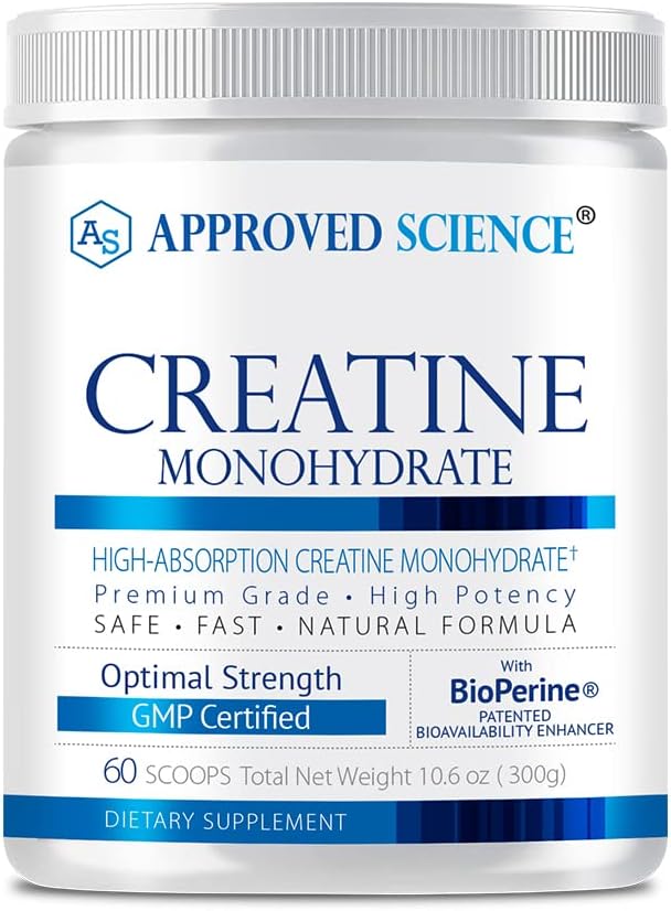 Polvo de Monohidrato de Creatina aprobado con BioPerine - Apoyos Crecimiento y Recuperación del Musculo Leano - 60 Serviciones - 5g Por Servir - Desarrollado - No GMO, Vegan