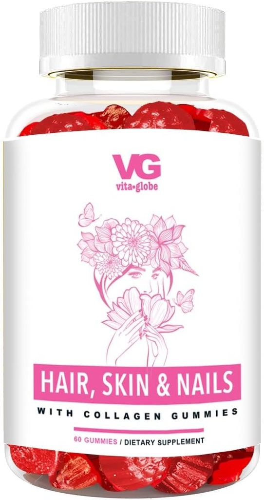 VITA GLOBE Hair, Skin & Nails + Collagen Gummies – 20 mg con vitaminas A, C, D, E, B6 &amp; Biotin ANTE Belleza &amp; Wellness Suplemento para el crecimiento saludable del cabello, piel radiante &amp; uñas fuertes – 60 Cuenta (Pack de 1)