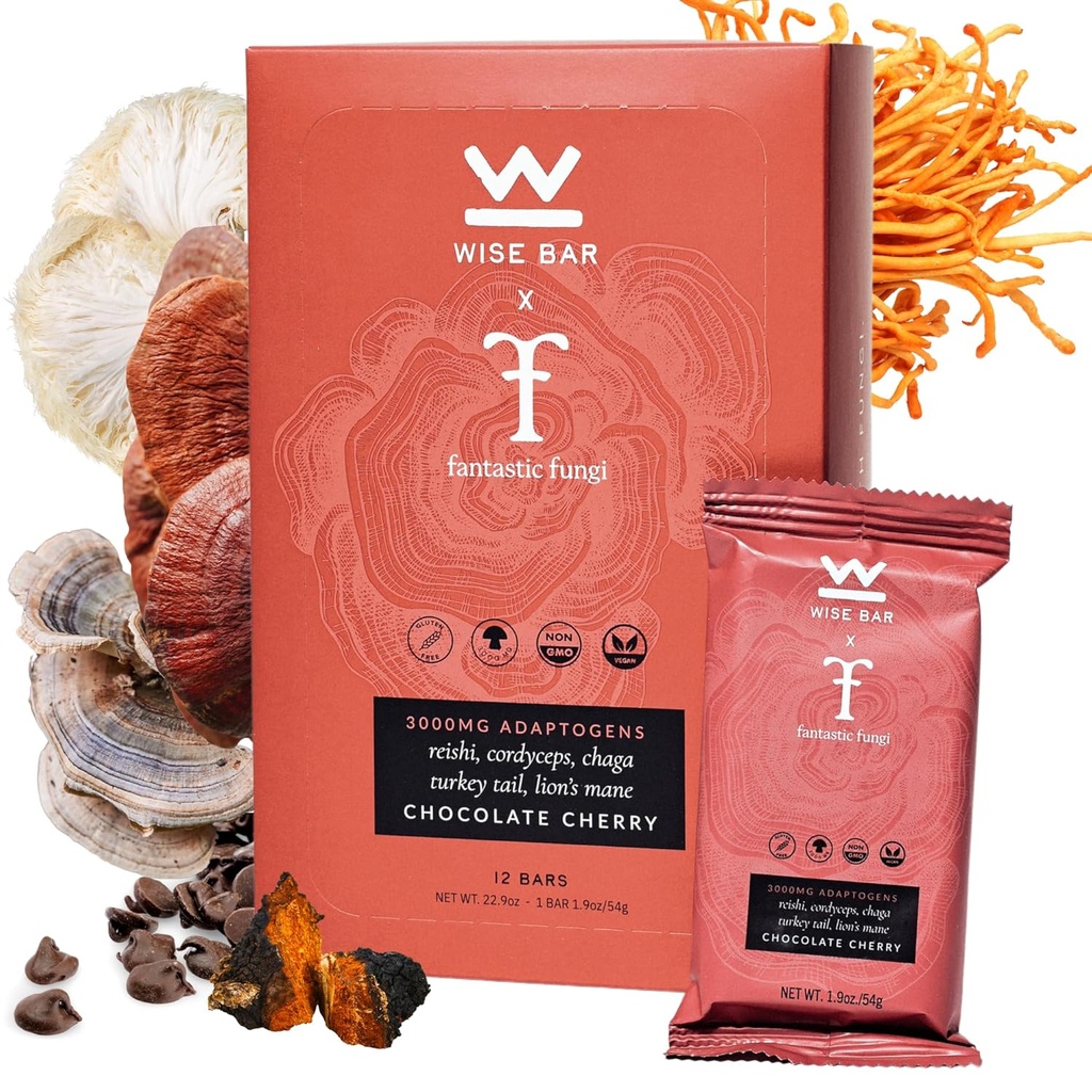 Wise Bar Adaptogen Mushroom Nutrition Bares con Reishi, Lions Mane & Ashwagandha, Organic Vegan & Gluten Free Snacks for Natural Focus, Energy &amp; Immunity Support, Chocolate Cherry Flavor, 12 Condes