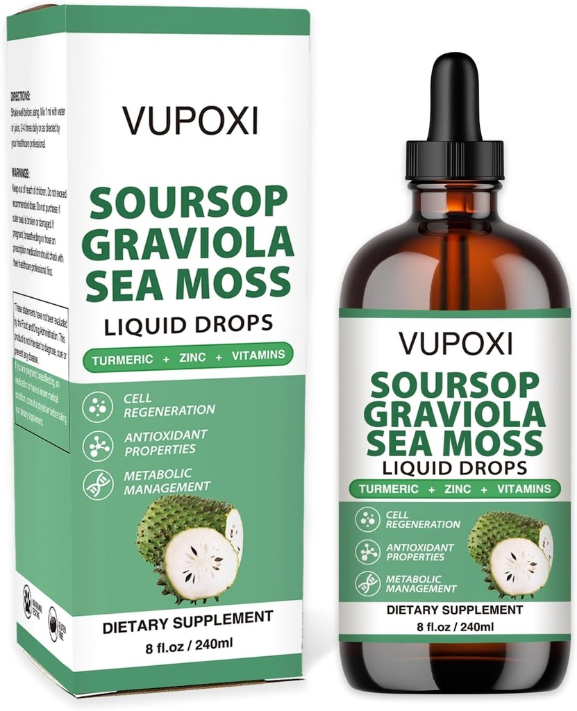 Soursop Multivitamin Liquid Drops Cell Support &amp; Regeneration, Immune Boost,Dietary Fiber and Sleep, Organic Soursop Extract-Sugar Free, Non-GMO, 100% Vegan, Gluten-Free-8 Fl Oz/240 ML