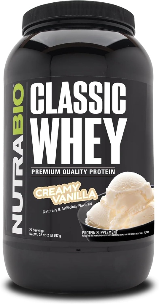 NutraBio Classic Whey Protein Powder- 25G de Protein Por Scoop - Full-Spectrum Amino Acid Profile - No Fillers, Colores Artificiales, Preservadores - Bajo Glycemic Index - Creamy Vanilla, 2 libras