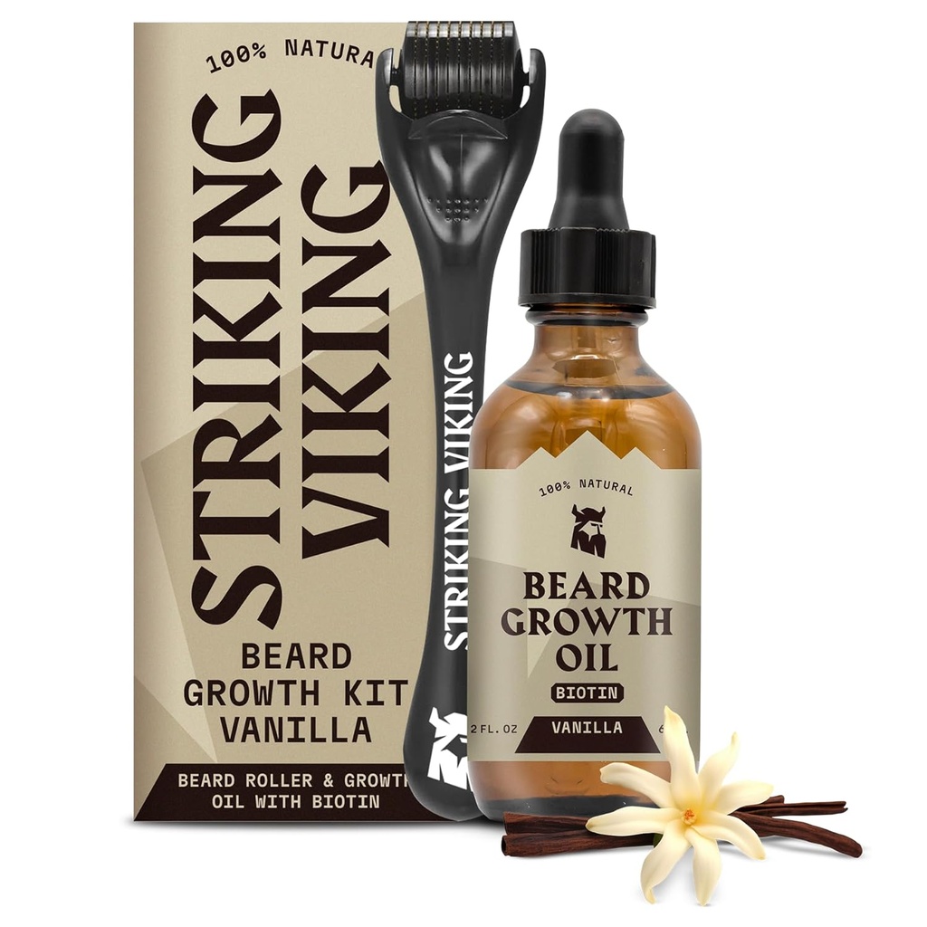 Aceite de crecimiento de la barba vikinga - 2 fl oz, Pack de 1, Vainilla - Aceite de barba desgarradora con Jojoba & Argan Extractos - promueve el crecimiento del cabello facial &amp; Objetivos Áreas Patchy - Biotina Fortificada