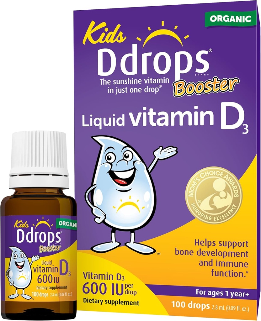 Ddrops Kids Booster 600IU 100 gotas - Daily Liquid Vitamin D for Kids. Support Strong Bones & Immune System in Children. Sin conservantes, sin azúcar, sin GMO, Alergía-Amigo