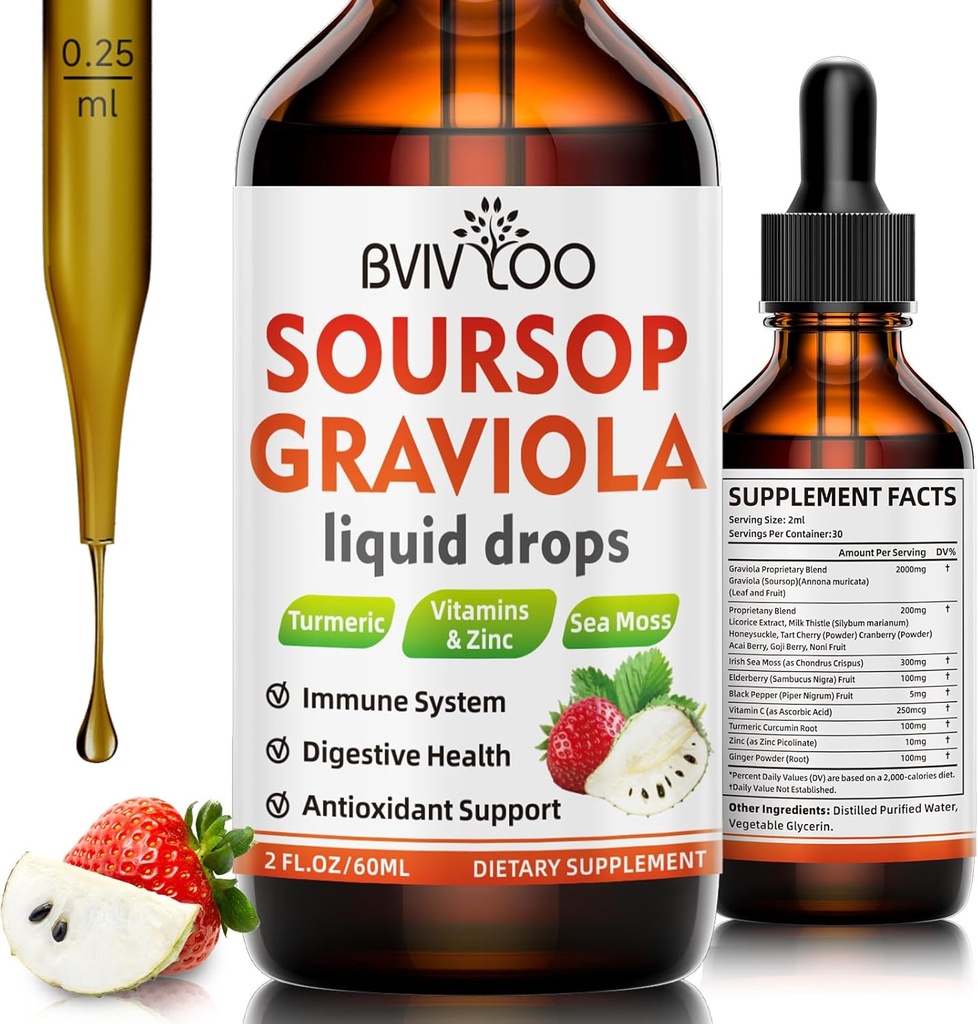Soursop Graviola Liquid Drops for Cell Support & Regeneration, Immune Boost, Relax, Liver and Sleep, Soursop Bitters Liquid, Sugar/Gluten Free, Natural Strawberries Flavor - 2 Fl Oz (60ml) Bottle