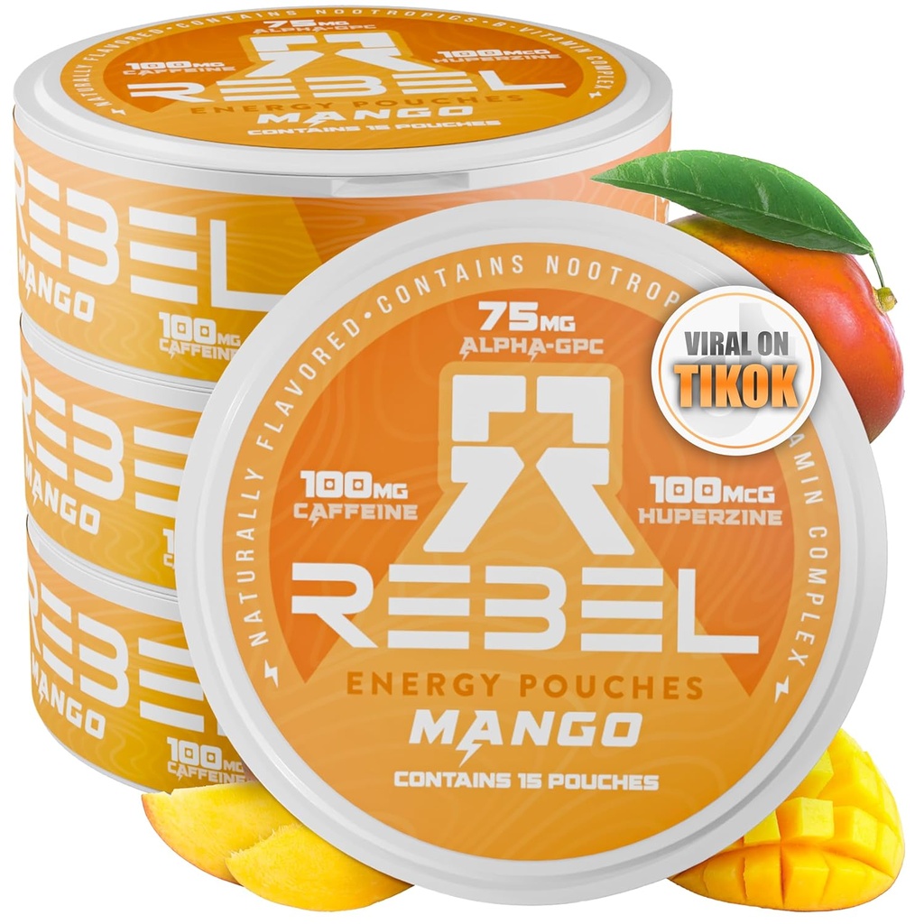 Pouches de cafeína de energía nootrópica • 100 mg de cafeína • Alfa GPC • Huperzina A " Vitaminas esenciales • Sin azúcar • Tecnología de fibra de coco • Sabor de mango • 15 bolsas por can (Pack of 4)