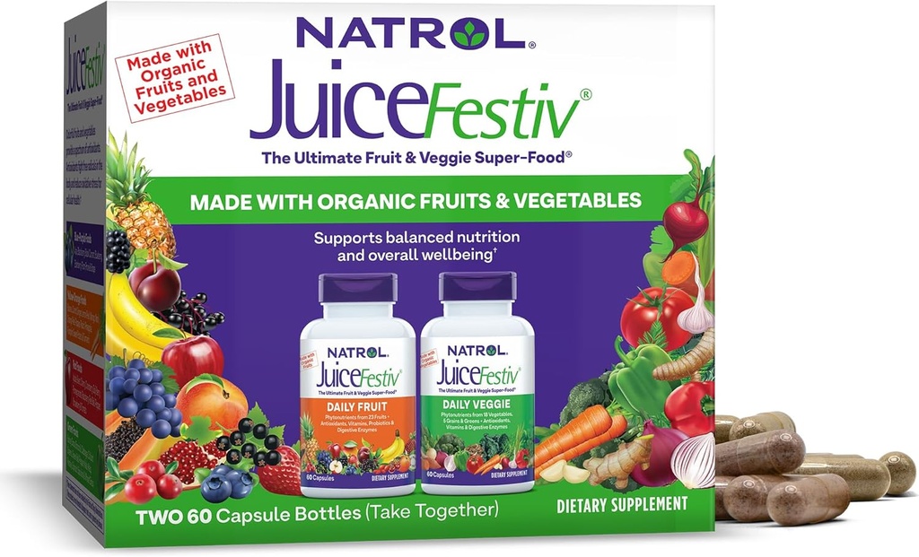 Natrol JuiceFestiv, The Ultimate Fruit and Veggie Super-Food to Support Balanced Nutrition and General Well-Being, Plus Antioxidants for Cellular Health, 60 Capsules (2-Count), Hasta 30 Day Supply