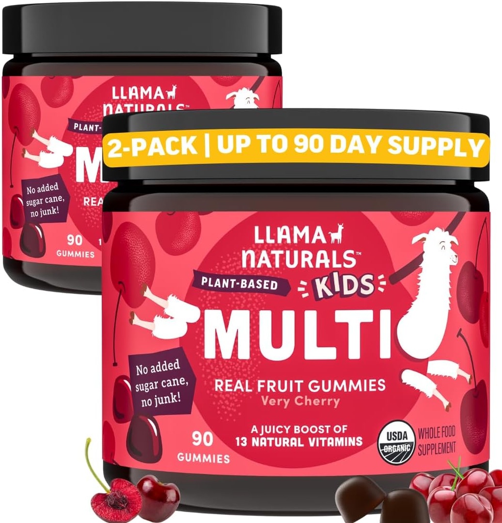 Llama Naturals Kids Multivitamin Gummies, Vegan, Organic with Vitamin D, C & K, Toddler Real Fruit Gummy Vitamins, Chewable Supplement, Whole Food Multivitamin, No Added Sugar Cane, Cherry, 2 Pk