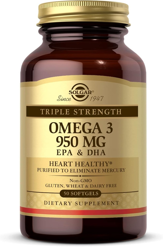 Solgar Triple Strength Omega 3 950 mg - 50 Softgels - Apoya la salud conjunta de la piel - No GMO, Gluten Gratis, Dairy Gratis - 50 Servimientos