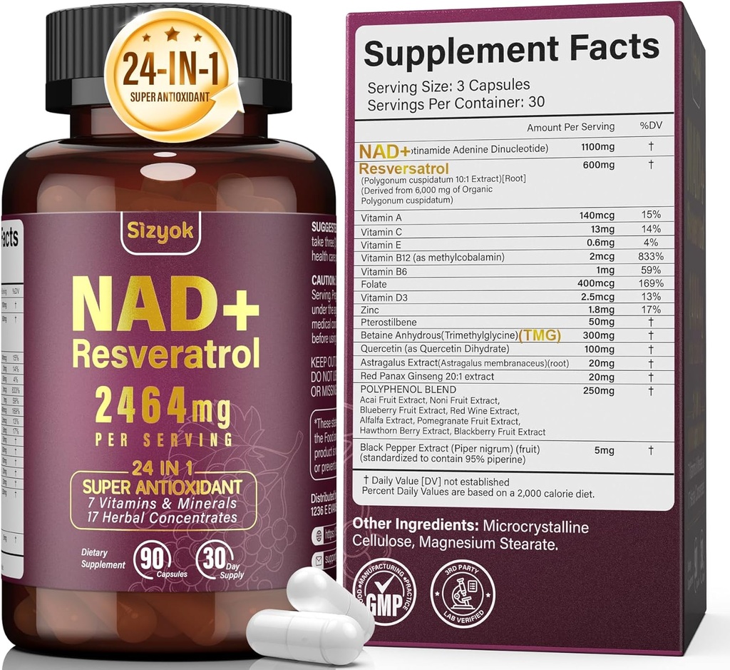 Suplemento NAD 1100mg Puro Suplemento Orgánico, Liposomal NAD Resveratrol para Hombres Mujer, Boost NAD+ para Defensa de Envejecimiento, Energía Celular, Focus - Ultra Antioxidante, 90 cápsulas