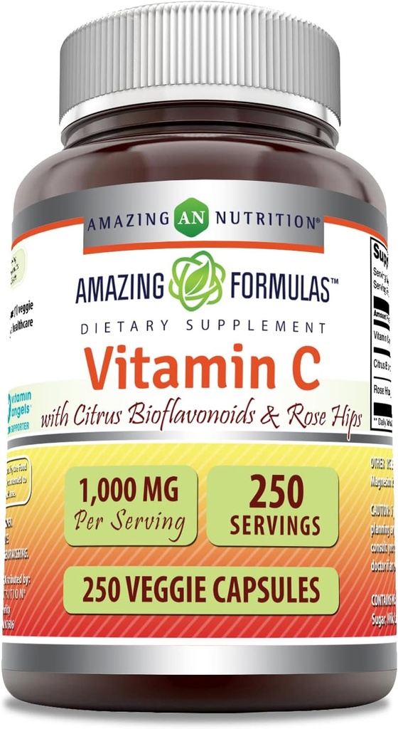 Fórmulas asombrosas Vitamina C con Rosa HIPS " Citrus Bioflavonoids tención 1000 Mg per Serving Supplement ← 250 Veggie Capsules ← Non-GMO TEN Gluten-Free TEN Made in USA
