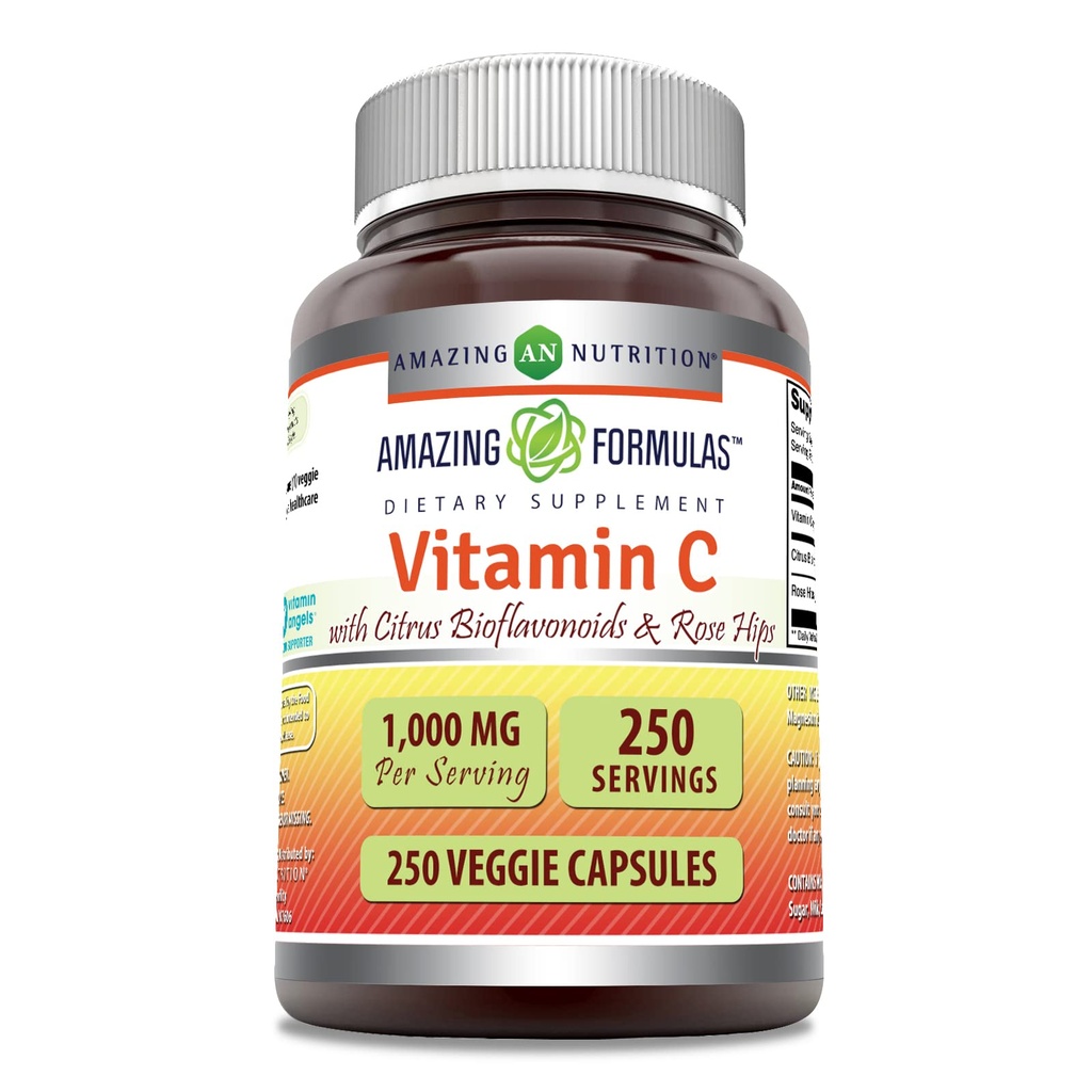 Fórmulas asombrosas Vitamina C con Rosa HIPS " Citrus Bioflavonoids tención 1000 Mg per Serving Supplement ← 250 Veggie Capsules ← Non-GMO TEN Gluten-Free TEN Made in USA