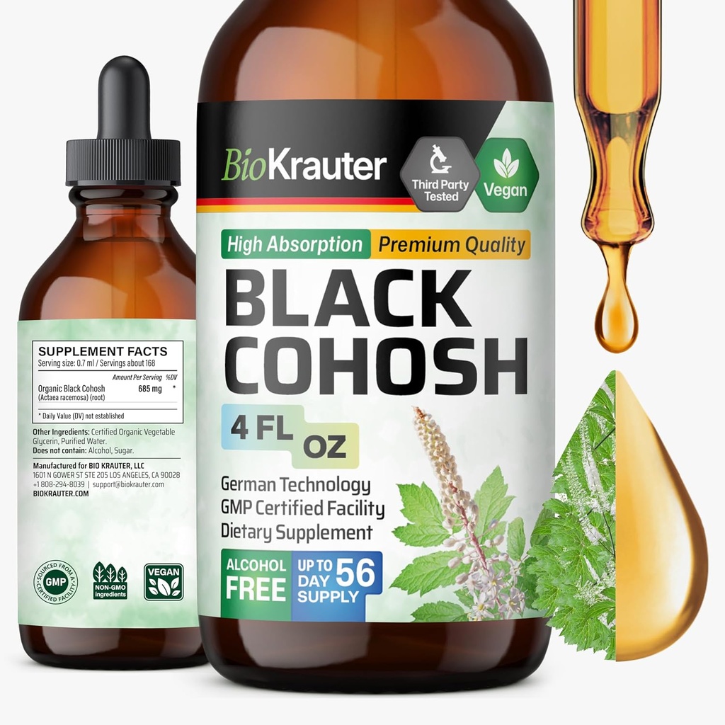 BIO KRAUTER Black Cohosh Tincture - Vegan Black Cohosh Supplements Women Support - Alcohol and Sugar Free - 4 Fl.Oz.