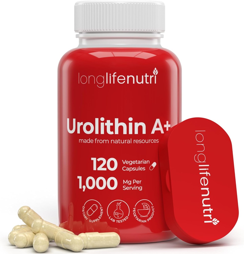 Suplemento Urolithin A+ 1000mg - Fórmula avanzada, 120 cápsulas vegetarianas, fuente de 2 meses, extracto de granada para el envejecimiento saludable " Longevidad, laboratorio probado, orgánico, hecho en EE.UU.