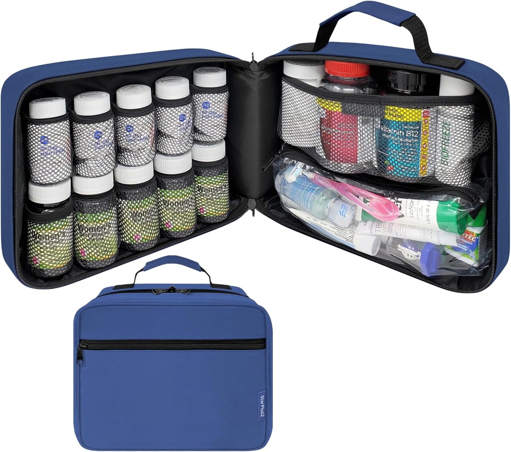 Gran organizador de botellas acolchadas, bolsa de medicina, caso, portador de medicamentos, vitaminas y suministros médicos - Organizador de medicina de viaje y bolsa de memoria de almacenamiento casera - azul (sin bloqueo)