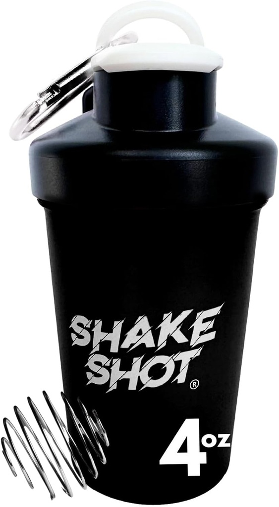 Botella Mini Shaker Negro - 4oz para Pre Workout, Creatine, Pequeños Suplementos Scoop (No para Proteína) Clip &amp; Shaker Ball