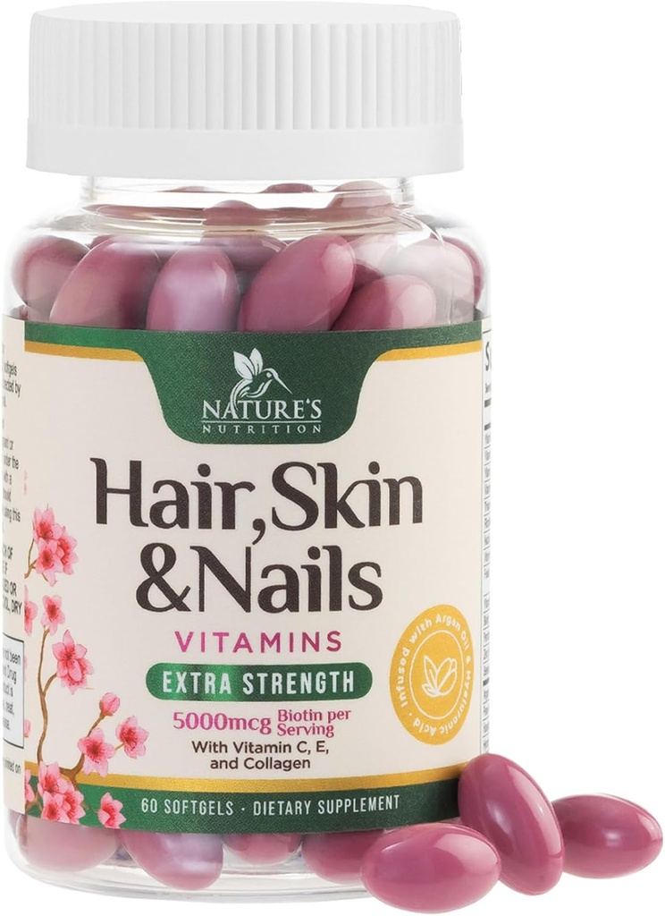 Hair, Skin & Nails Vitamins for Women - Biotin 5000mcg to Support Hair Growth with Argan Oil, Collagen & Hyaluronic Acid, Beautiful, Stronger Skin, Hair & Nails Vitamin Supplement - 60 Softgels