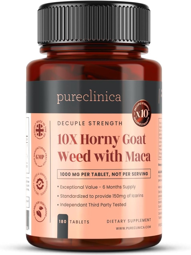 purclinica 10X Horny Goat Weed &amp; Maca Extract 6250mg x 180 Tablets (6 Meses Supply) -10 X Más Icariinas - w/5mg Black Pepper Extract for 300% increased Absorption