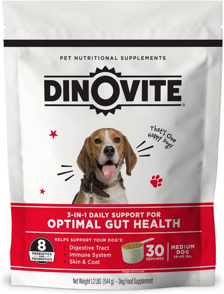 Dinovite 3 en 1 Probiótico para Perros Medianos, Carne " , Salud Digestiva " Alivio Conjunto, Toppers de Alimentos Perros, Apoyo Inmunitario, Alivio Alergético " Cuidado de la piel de Itch Relief, 30 Actuaciones (18-45lb)