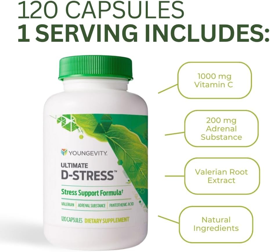 Youngevity Ultimate D-StressTM – Natural Stress Relief Supplement with Magnesium, Valerian Root Extract, and B Vitamins – Supports Adrenal Health and Nervous System – 120 Capsules (Pack of 1)