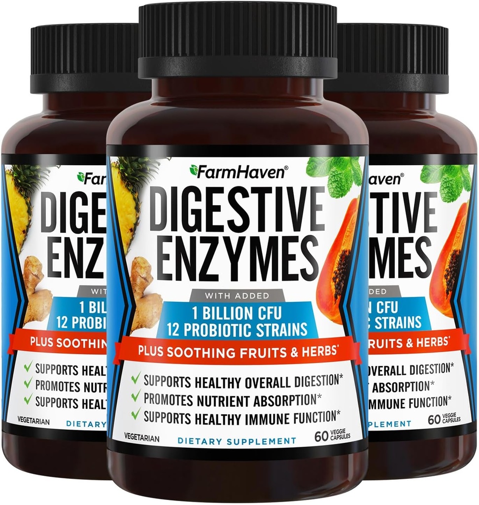 FarmHaven Digestive Enzymes with 18 Probióticos " Herbs peru Papaya, Bromelain, Protease " More for Lactose Absorption " Better Digestion ¦ Helps Bloating, Gas, Constipation ¦ Vegetarian, 180 Capsules