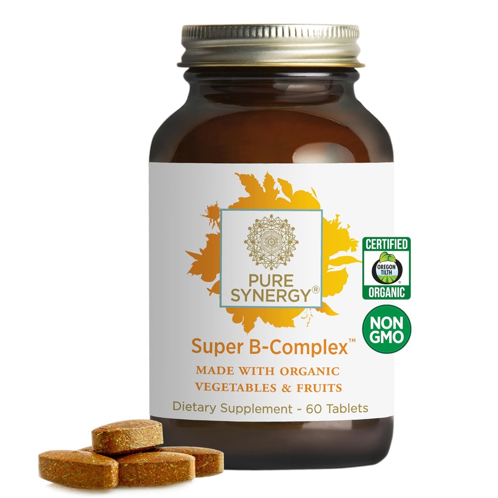 PURE SYNERGY Super B-Complex ← Complejo de vitamina B Hecho con alimentos orgánicos enteros ← Suplemento vegano con vitamina natural B12, niacina y Folate  durable for Energy, Focus and Mood Support (60 Tablets)