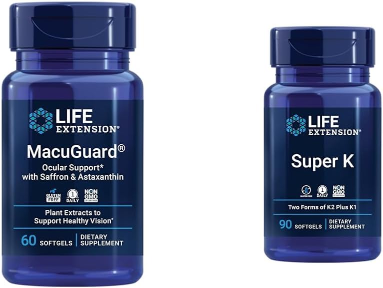 Life Extension Macuguard Eye Health Supplement with Lutein, Meso-Zeaxanthin, Saffron & Astaxanthin - 60 Count and Super K Vitamin K1 K2 MK-7 MK-4 Vitamin C - 90 Softgels