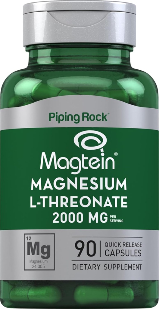 Piping Rock Magnesium L-Threonate Capsules Ø 2000mg TENIDO 90 Píldoras Silencio con Magtein Silencioso Suplemento para Hombres y Mujeres ANTE NO GMO, Gluten Free