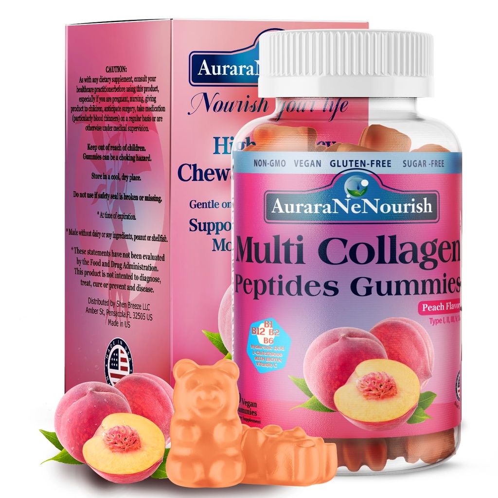 Multi Collagen Peptides Gummies, Azúcar Hidrolyzed 5000mg Protein丨Type I,II,III,V,X con Biotina Ácido Hialurónico Vitamina C A D B6 B12 L-Glutathione para el cabello de piel Bono Conjunto de uñas -Peach Gummies