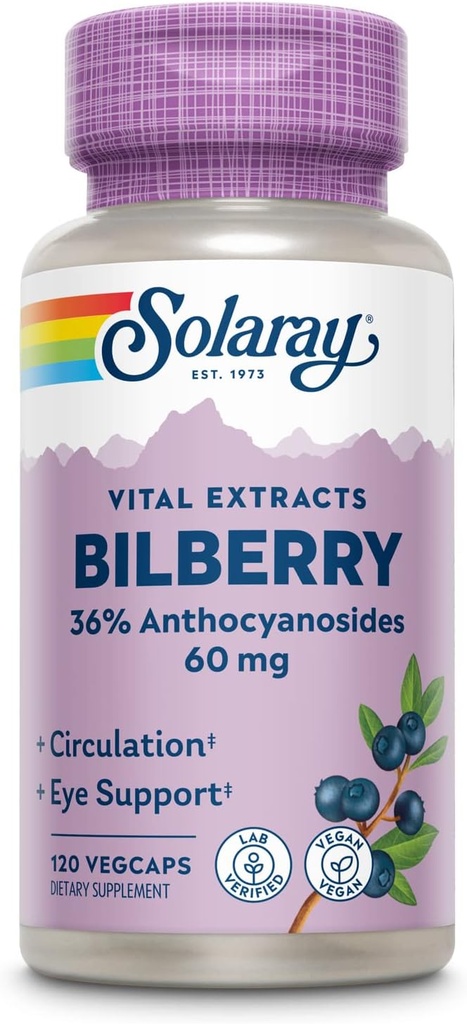SOLARAY Bilberry Berry Extracto 60 mg Por cápsula, potente antioxidante, potencia garantizada potencia para visión saludable y circulación Soporte 120 VegCaps
