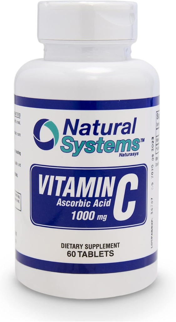 Vitamina C 1000mg Tablas - 60 Tablas - Perfecta para Soporte Inmunitario y Sistema por Sistemas Naturales - Suplemento Dietario Vitamina C - Ácido ascóbico 1000mg - Hecho en EE.UU. - Vitamina C - VIT C