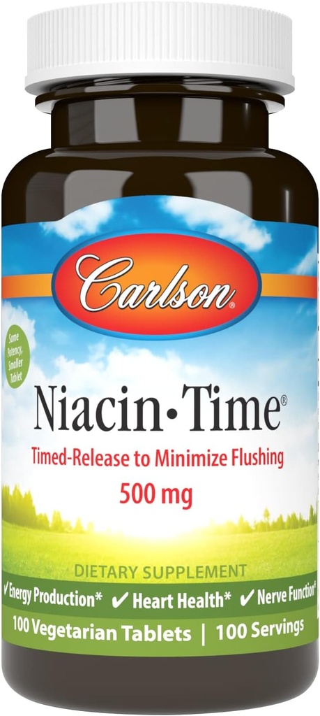 Carlson Niacin-Time 500 mg, vitamina B-3, liberada en el tiempo, 100 tabletas