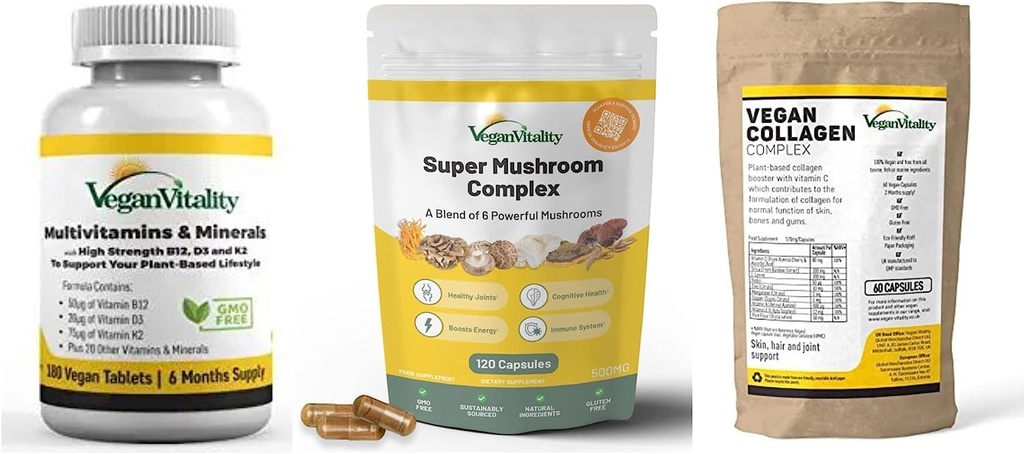 Vegan Vitality Booster Suplementos Bundle - Vegan multivitaminas, Collagen y Super Mushroom Complex. Fórmula de base vegetal de alta resistencia para la salud general de los veganos y los vegetarianos