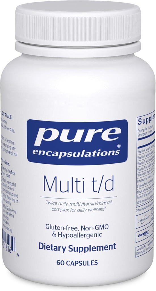 Encapsulaciones Puras Multi T/D - Suplemento Mineral Multivitamínico - para el Bienestar Diario, Cardiovascular &amp; Salud Inmunitaria* - Rico en vitaminas " Minerales - Gluten Gratis " Vegetariano - 60 cápsulas