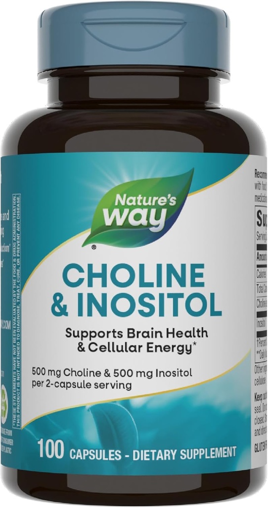 Nature's Way Choline " Inositol, Supports Brain Health & Cellular Energy*, 500 mg Choline " 500 mg Inositol por servicio de 2 cápsulas, Gluten Free, 100 cápsulas (Packaging May Vary)