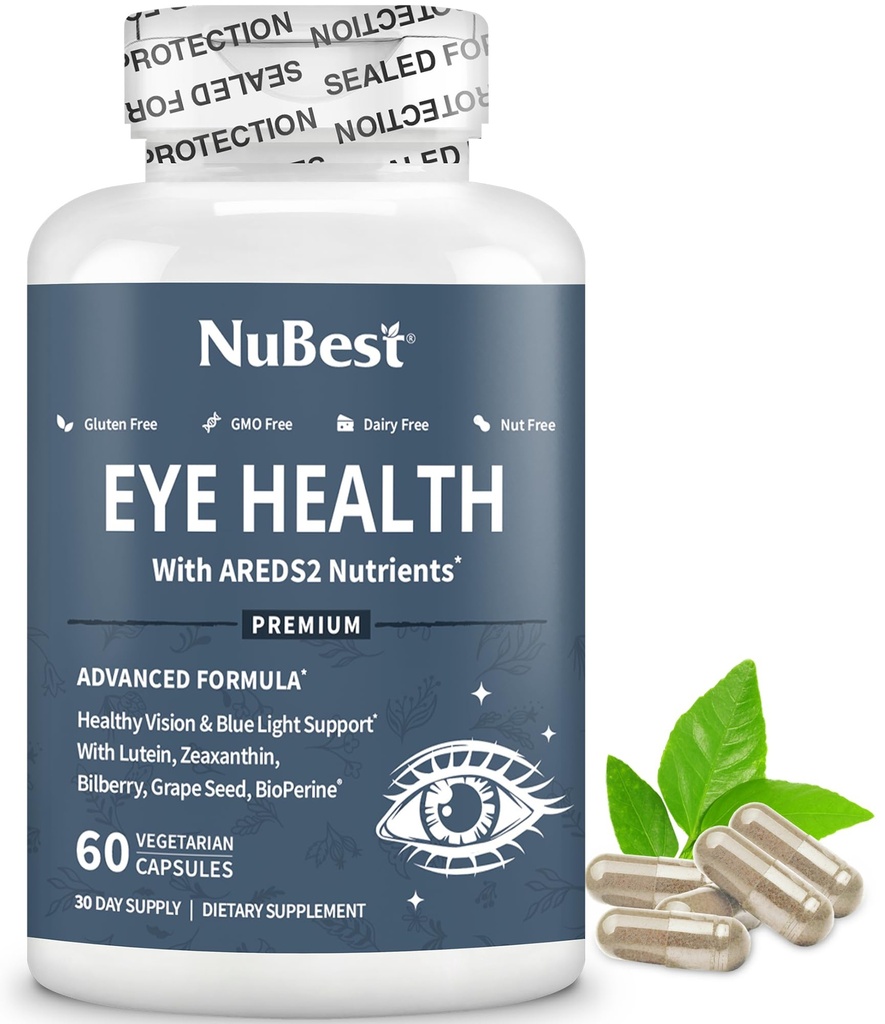 NuBest AREDS 2 Vitaminas Oculares con Beta Carrot Powder, 20mg Lutein, 4mg Zeaxanthin, Bilberry, Grape Seed, BioPerine, B-Complex, Multivitamínico para la Salud Ocular  1 Mes