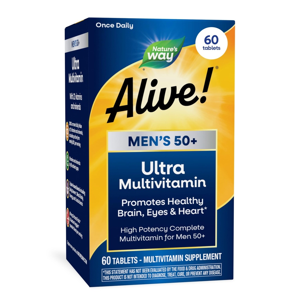¡La naturaleza está viva! 50+ Daily Ultra Multivitamin, High Potency Fórmula, soporta cerebro sano, ojos y corazón*, con B12 metilado, libre de gluten, 60 Tabletas (paquete mayo Vary)