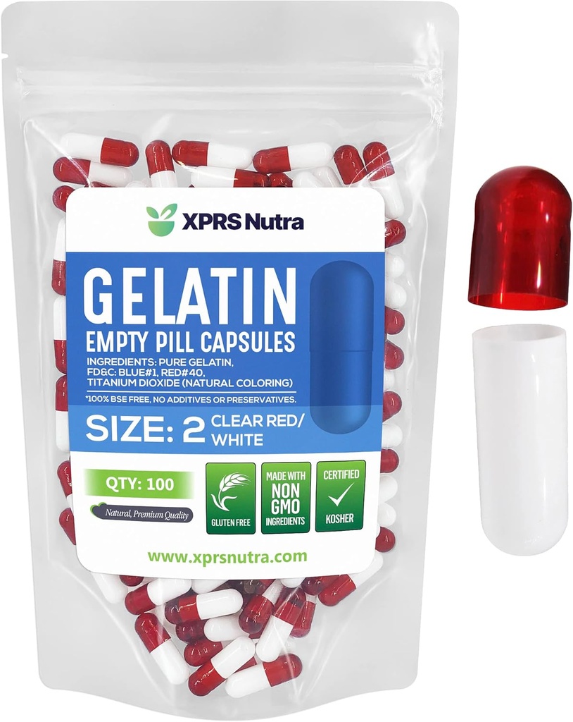 XPRS Nutra Size 2 Empty Capsules - 100 Conde Empty Gelatin Capsules - Pills DIY Capsule Filling - Pure Bovine Pill Gel Caps for Do-It-youself Supplements (Clear Red/White)
