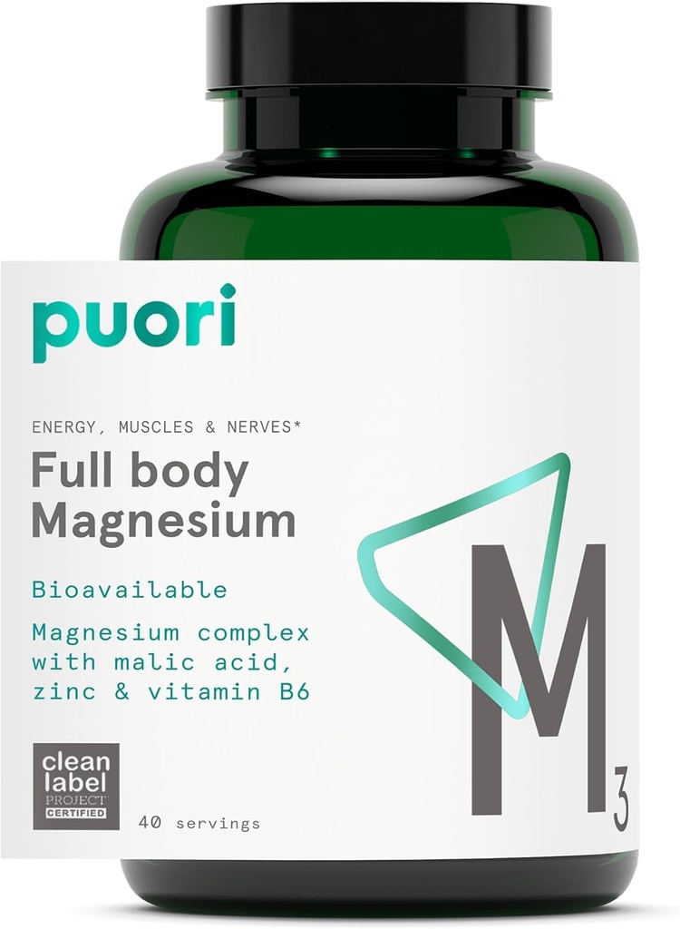 Suplemento Complejo de Magnesio Puori - Alta Absorción Magnesium Taurinate & Gluconate, Zinc, Vitamina B6 &amp; Malic Acid for Sleep Support, Immune & Bone Health & Muscle Recovery - 120 Vegan Capsules
