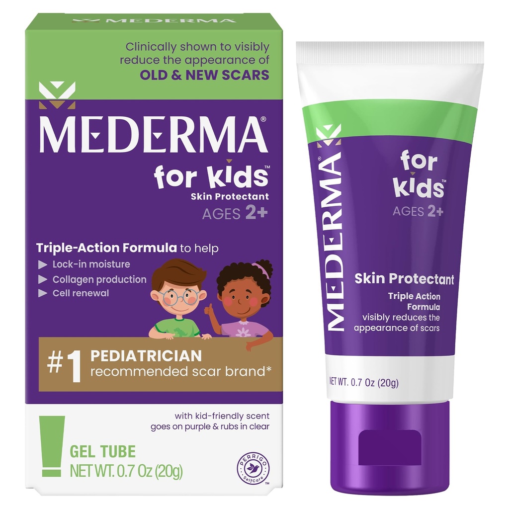 Mederma Scar Gel for Kids - Reduces Appearance of Old & New Scars from Cuts, Burns, Surgery, Insect Bites & Scrapes, Grape Scented, Goes on Purple & Rubs in Clear, Ages 2+, 0.70 Oz