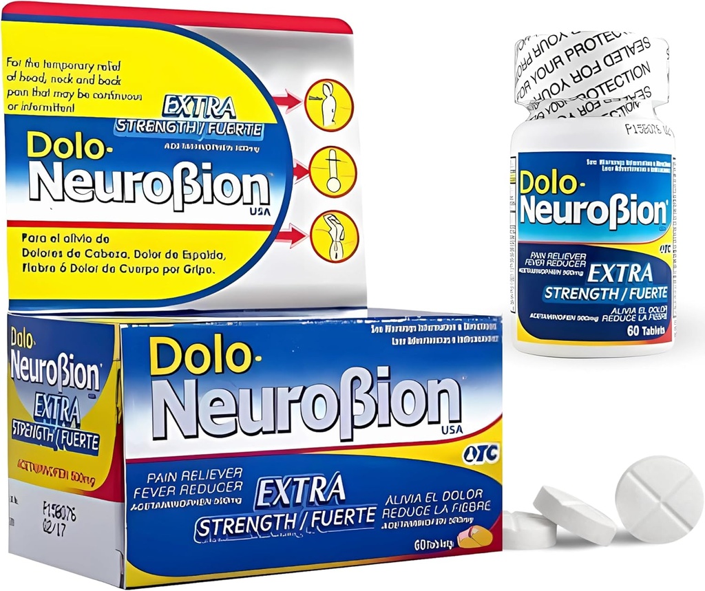 Dolo Neurobion Dolo Dolo Reliever, Fever Reducer, Extra Strength. Alivia el Dolor,Reducir la Fiebre, Extra Fuerte. 60 Tablas. Acetaminofeno 500 mg