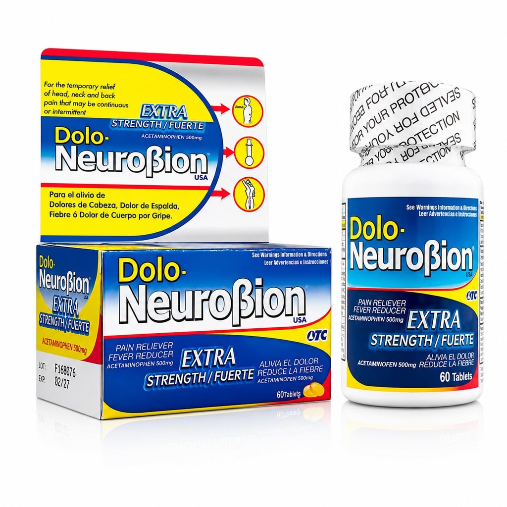 Dolo Neurobion Dolo Dolo Reliever, Fever Reducer, Extra Strength. Alivia el Dolor,Reducir la Fiebre, Extra Fuerte. 60 Tablas. Acetaminofeno 500 mg