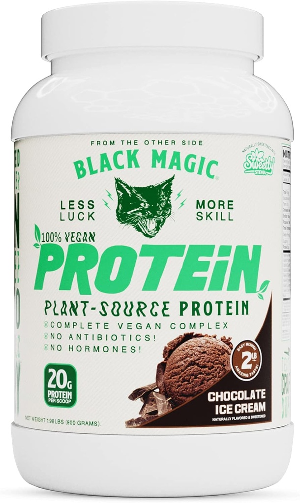 Black Magic Plant-Source 100% Vegan Protein - Keto, Bajo Azúcar, Dairy Free Protein - Pre/Post Workout - Chocolate Ice Cream - 20g Protein - 2 LB