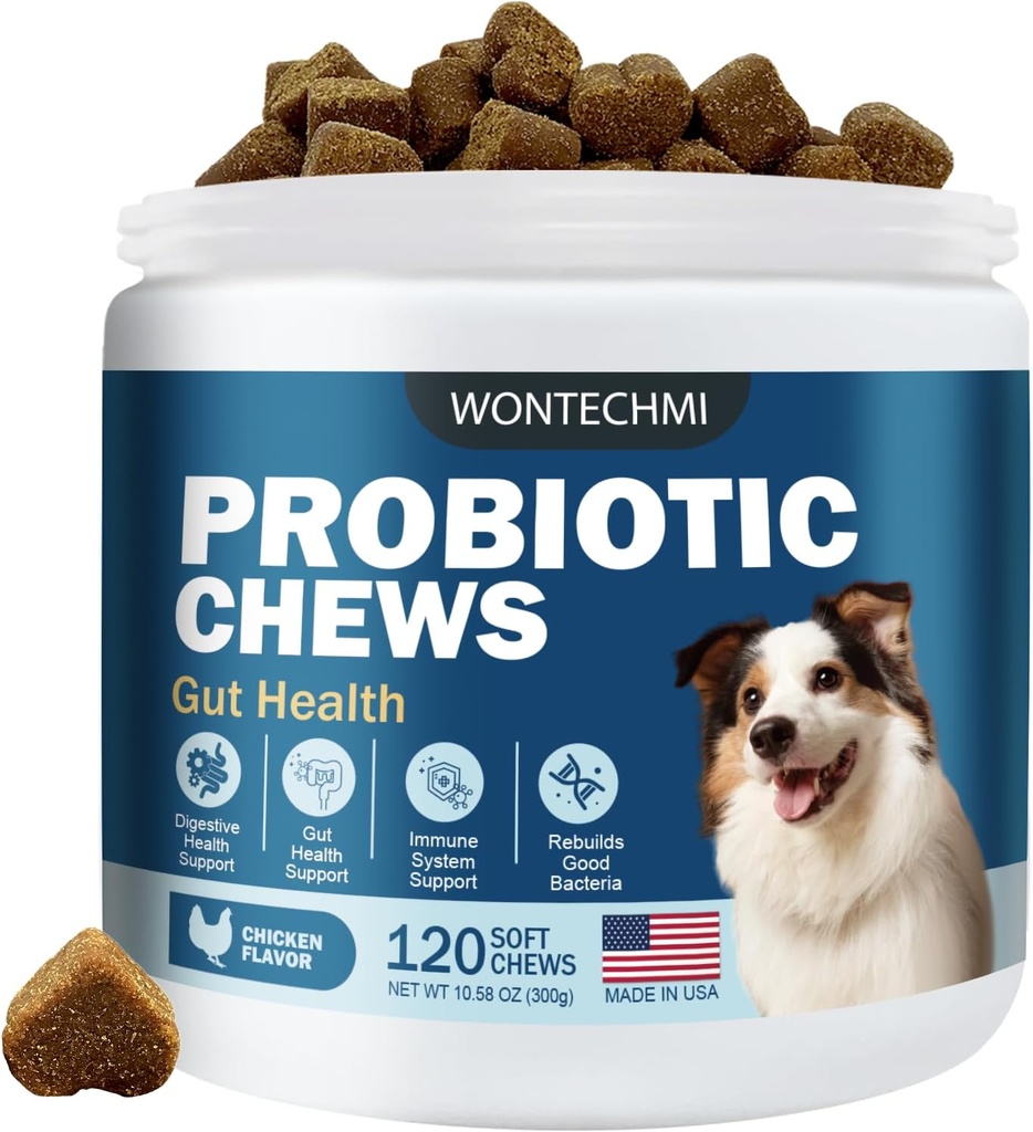 Probióticos para perros, Mejorar las picaduras de picazón de la piel, Gut Health, Yeast Balance, Alergías, Inmunity, Dog Probiotics and Digestive Enzymes with Prebiotics, Reduce la diarrea (Chicken, 120 chews)