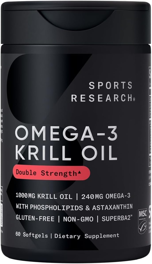 Sports Research® Omega-3 Krill Oil 1000mg - Pure Antarctic Superba Krill with Phospholipids, Choline " Astaxanthin - MSC Certified Sustainable · Non-GMO · Gluten Free - 60 Softgels