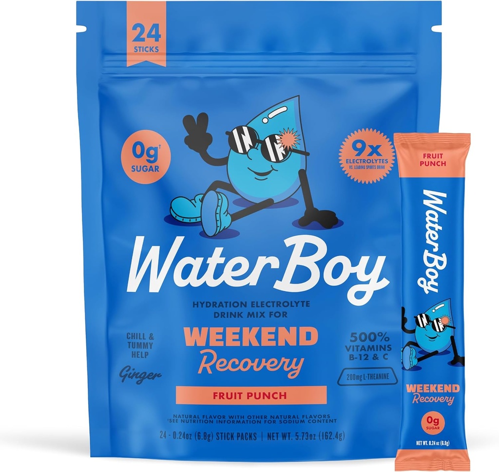 Waterboy Weekend Recovery ← 3,200mg Electrolyte Powder Packets  Ginger + L-Theanine + Vitamins ← No Sugar, All Natural, Gluten Free ← 24 Drink Stick Mixes (Fruit Punch)