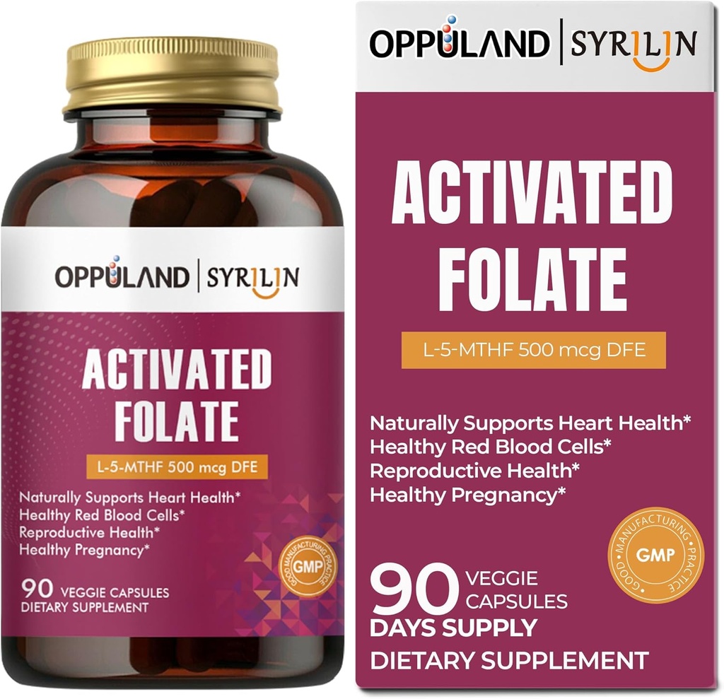 Folate-L 5-MTHF DFE Suplemento - Methylfolate B9 MTHF con vitamina B12, CoQ10, & Red Raspberry - Methylfolate L-Methylfolate para hombres y mujeres - 500 mcg - 90 cápsulas vegetales