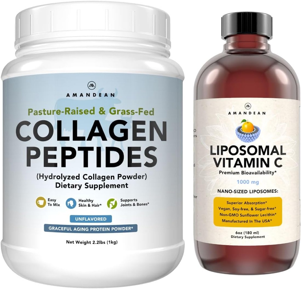 AMANDEAN Premium Liposomal Vitamina C & Bovine Collagen Peptides Bundle. Antioxidante poderoso. Liquid Quali-C. Grass-Fed Collagen. Soporte Hidrolyzed Tipo 1 &amp; 3. Esquí saludable, cabello &amp; uñas