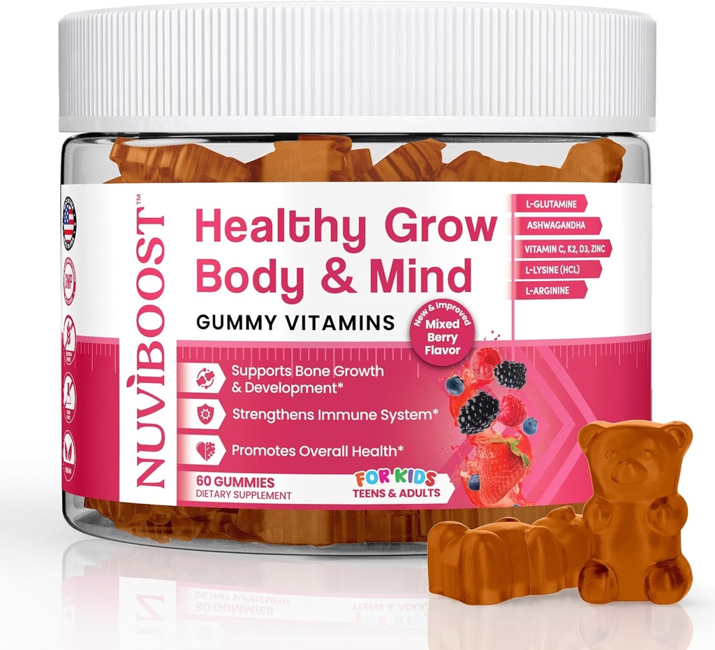 Crecimiento de altura de crecimiento saludable Gummies ricas en calcio, vitaminas C, D3, K2, L-Arginina, Ashwagandha y otros, Boost Bone Health &amp; Immunity, Multivitamin, para niños 5+, adolescentes y adultos.
