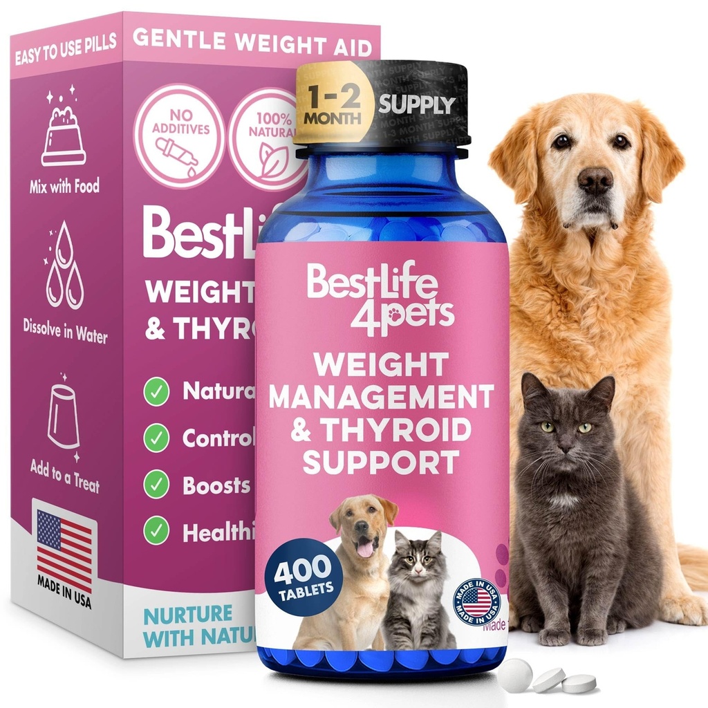 Peso & soporte tiroides para perros y gatos, solución natural para el control del hambre, apoyo metabolismo, función tiroidea óptima, pérdida efectiva del peso del perro y gato, 400 píldoras sin olor, sin sabor
